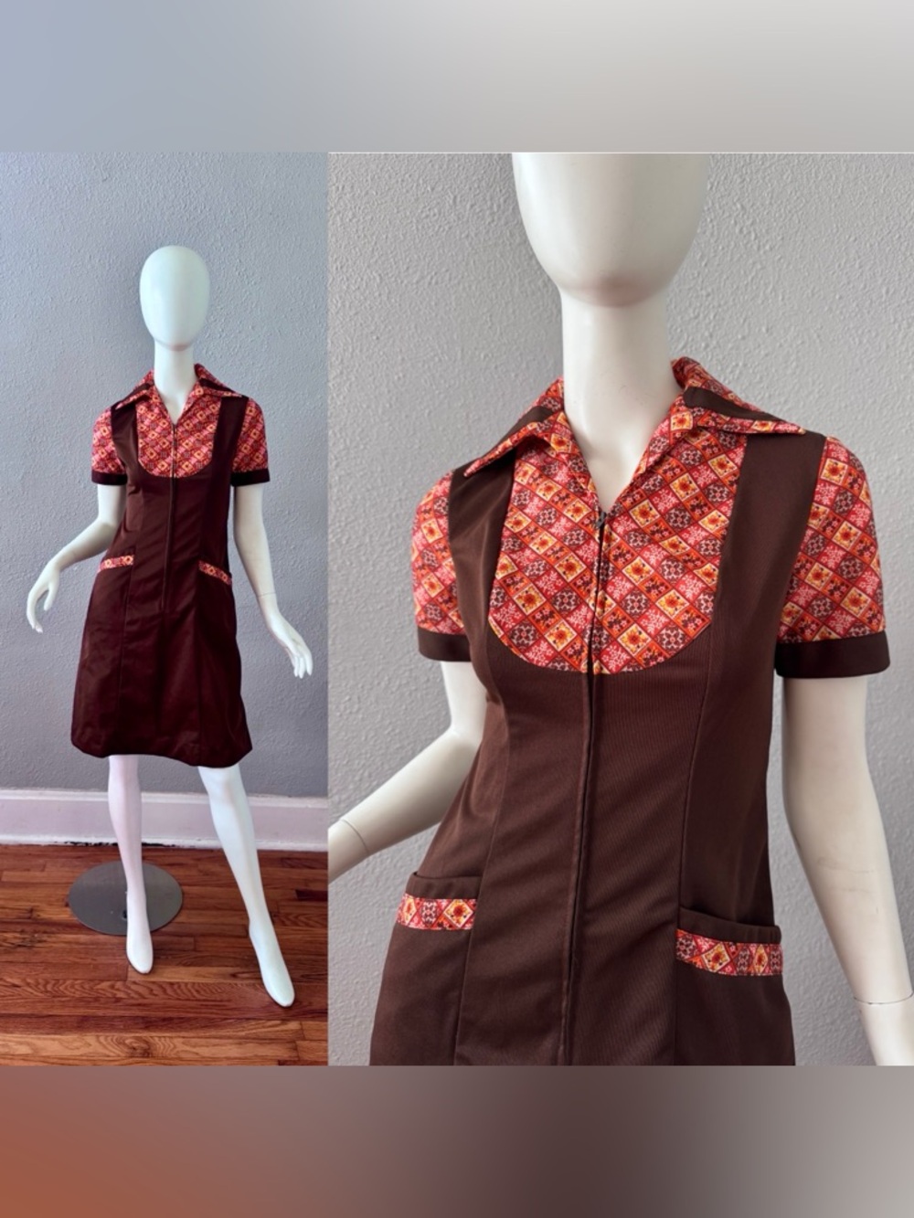 Vintage 70s Retro Zip Front MOD Crest Careers Uniform Dress S